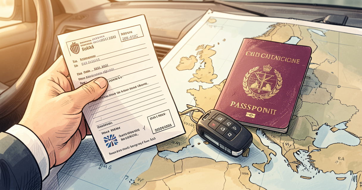 Document d'assurance automobile et carte d'Europe avec une main tenant une clé