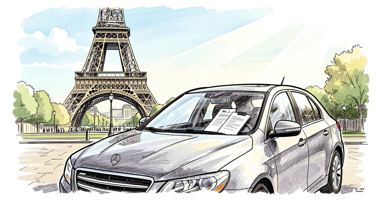 Voiture garée près de la Tour Eiffel avec des papiers d'assurance sur le tableau de bord