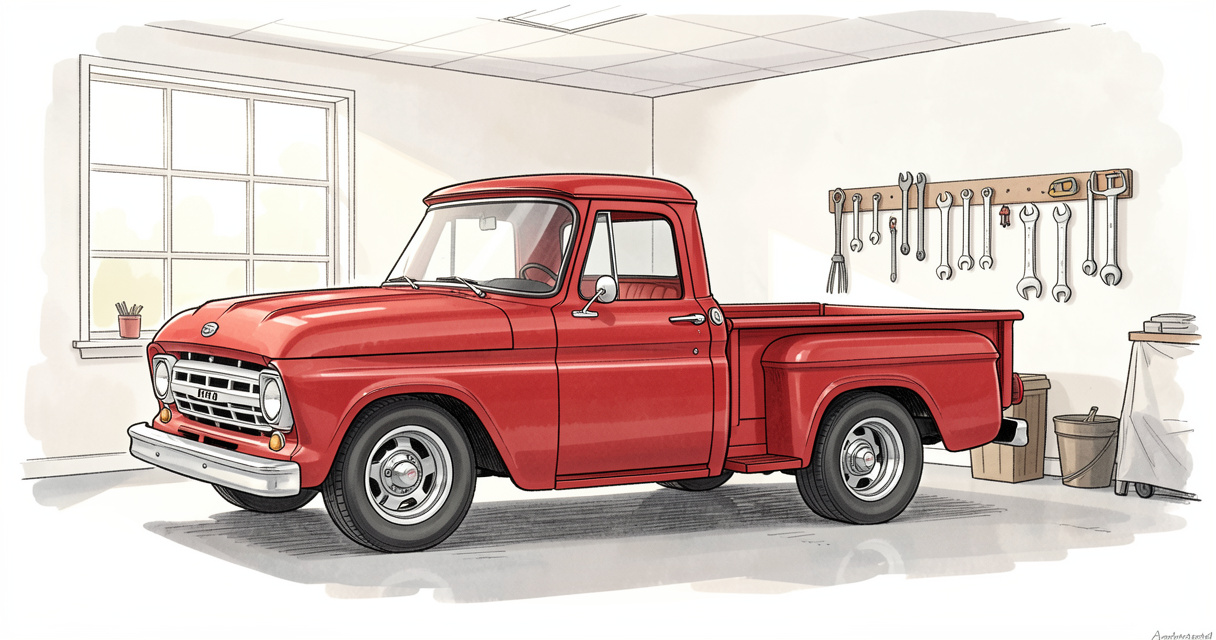 garage stored vintage pickup truck side view red 1950s classic