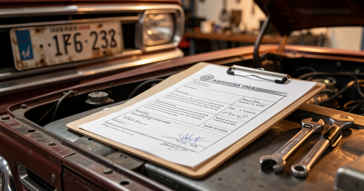 agreed value appraisal document with classic truck engine bay tools