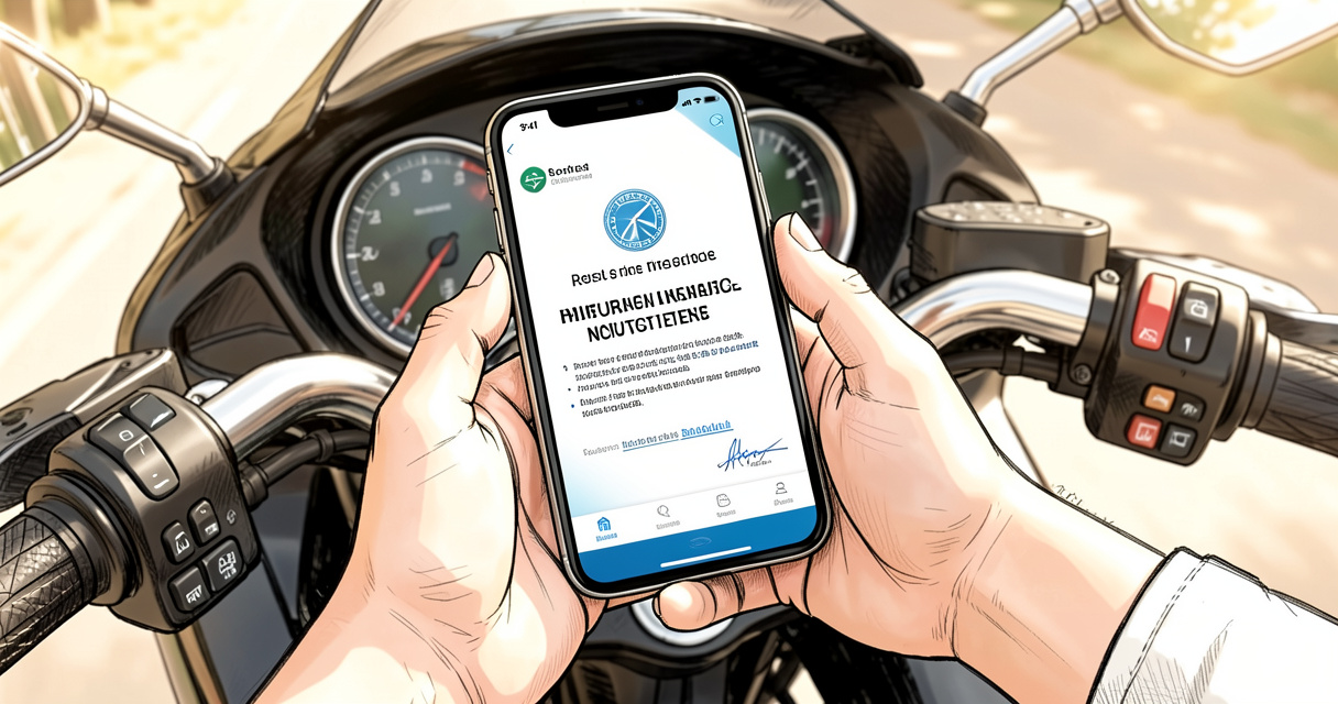 Digital one day bike insurance cover certificate on smartphone while riding a motorcycle