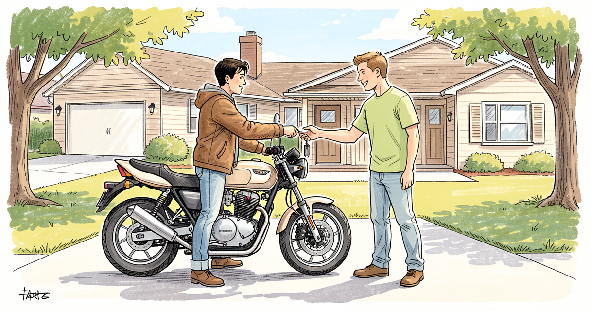 Person borrowing motorcycle keys for a short trip with temporary bike insurance cover