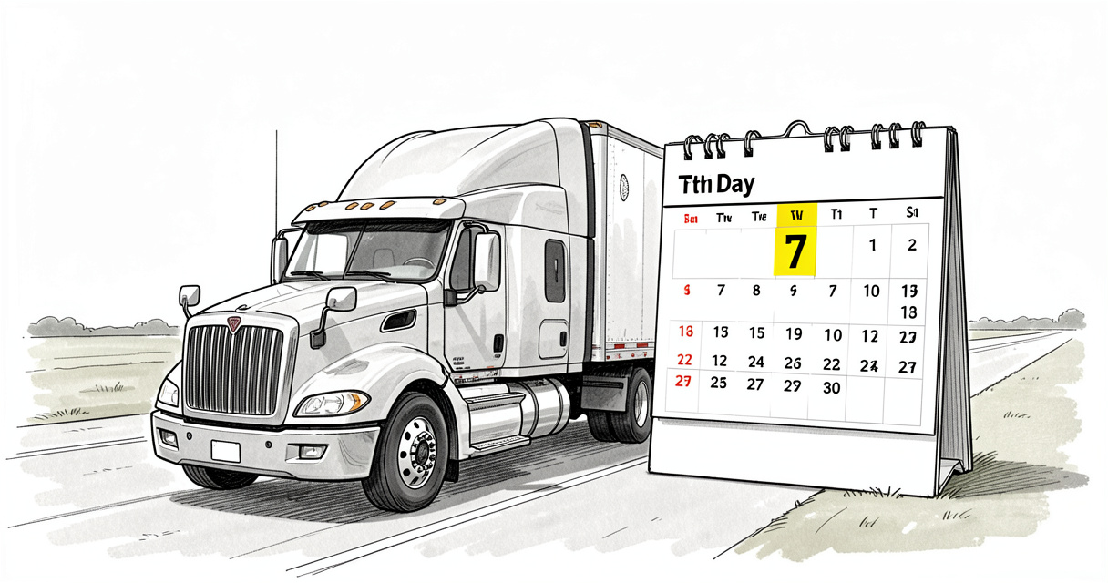 Sattelzug, geparkt neben einem Kalender, der einen Ein-Wochen-Zeitraum für eine vorläufige Lkw-Versicherung anzeigt