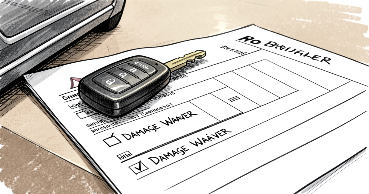 Car hire damage waiver contract and key on rental counter, highlighting the waiver option