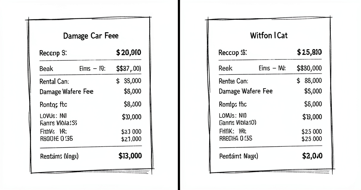 Comparison of rental car receipts with and without damage waiver showing cost difference