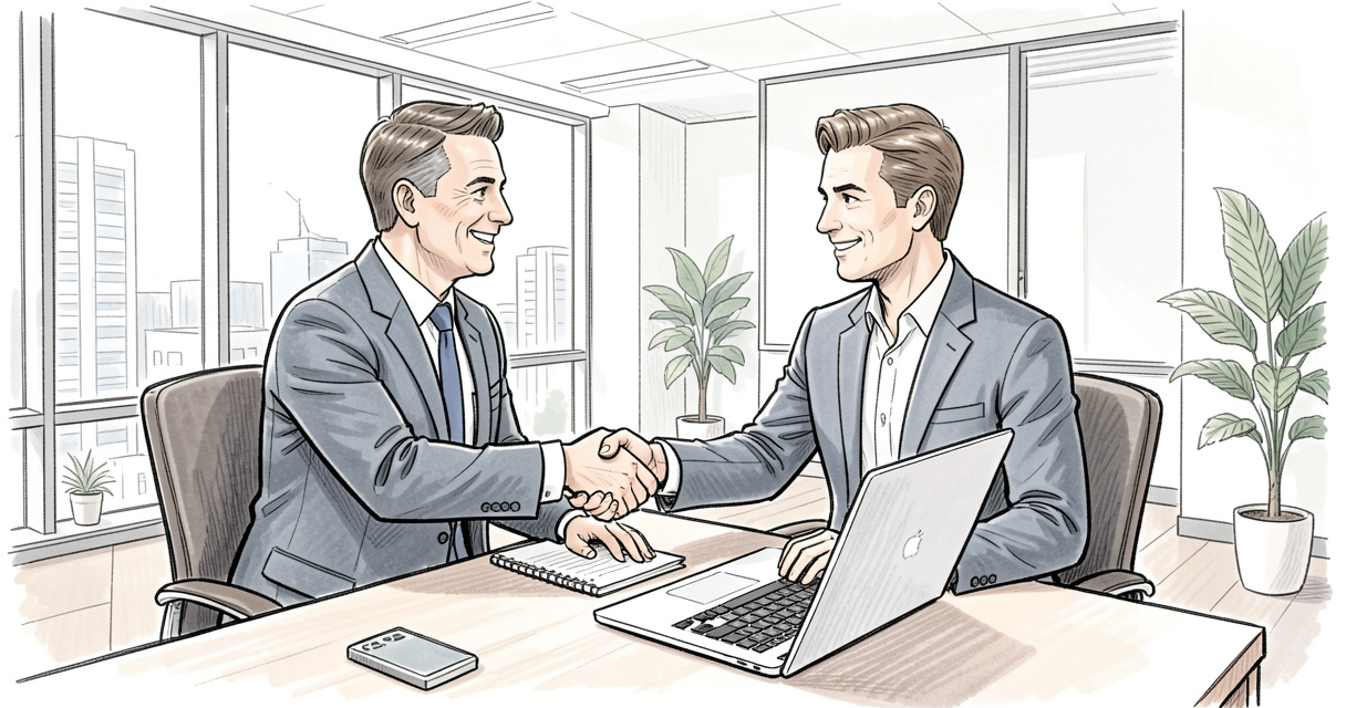 Insurance broker meeting client in modern office - courtier assurance France