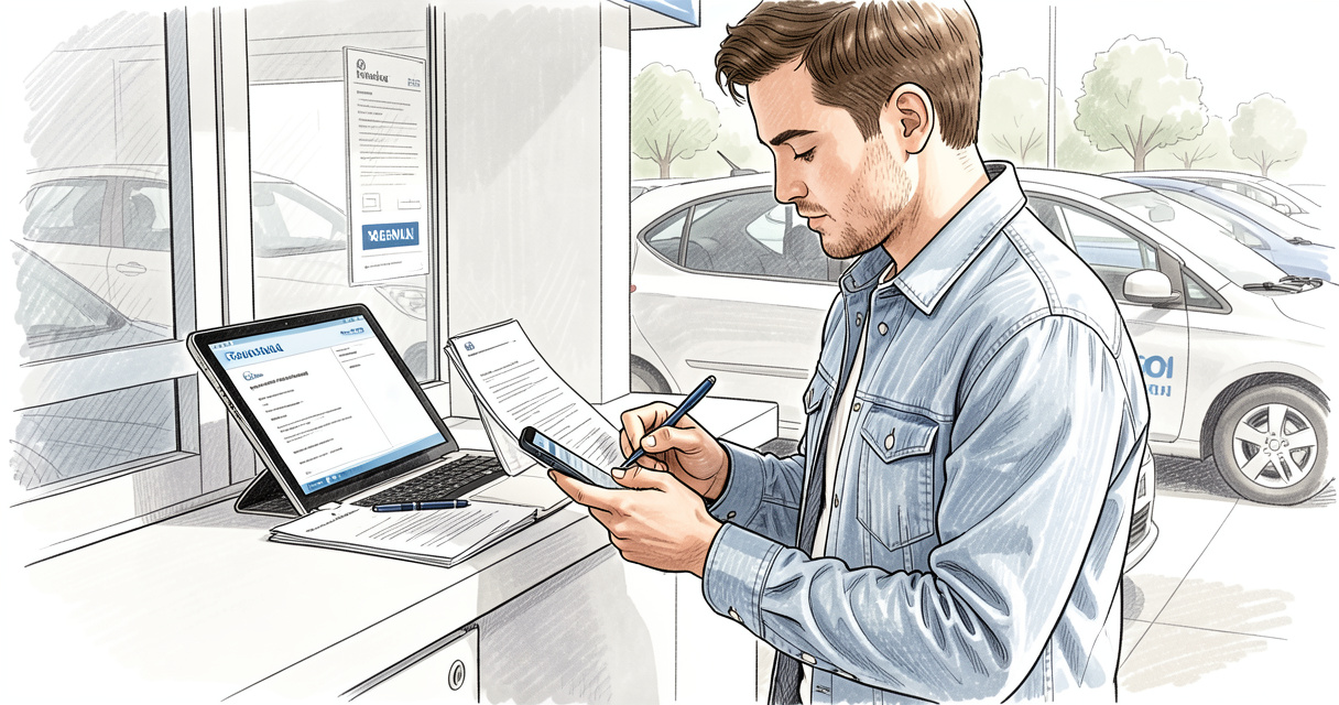 Customer using smartphone to sign rental car insurance waiver at counter