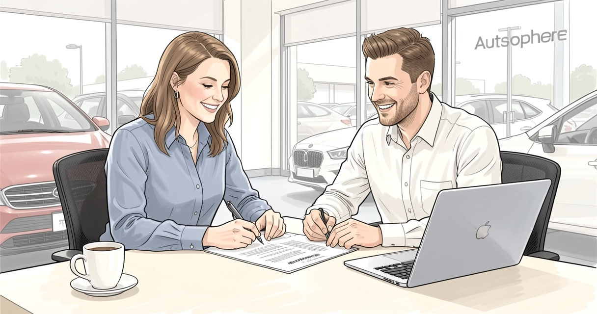 Couple signing Autosphere car financing contract at dealership in France