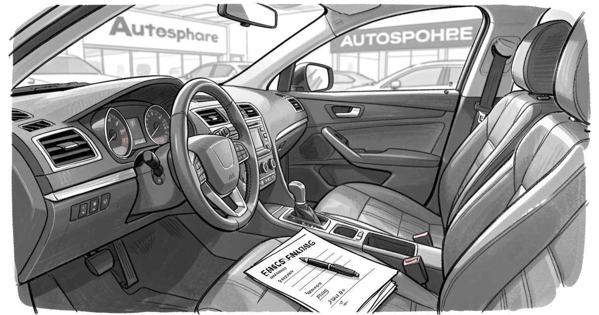 Autosphere financing agreement on car seat with pen and dashboard