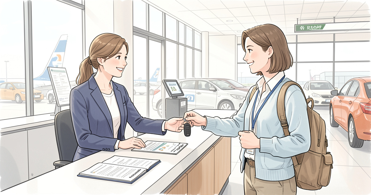 Rental car counter traveler signing insurance documents Allianz coverage