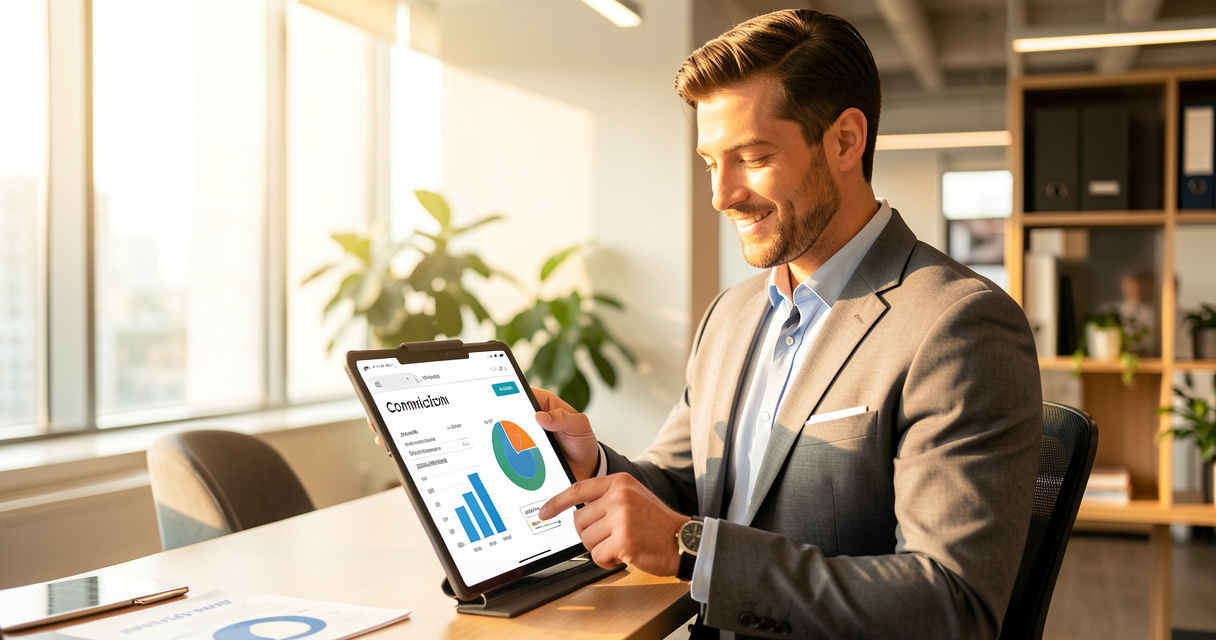 A smiling insurance agent checking salary and commission data on a tablet