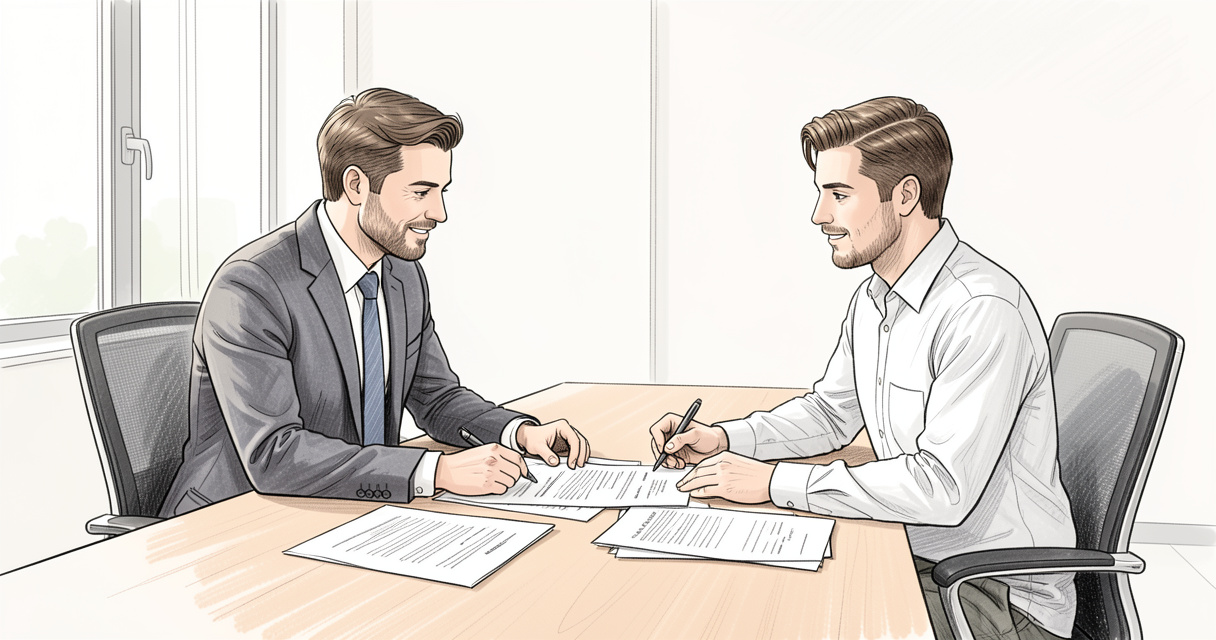 Arbitration attorney and client review contract in modern bright office meeting