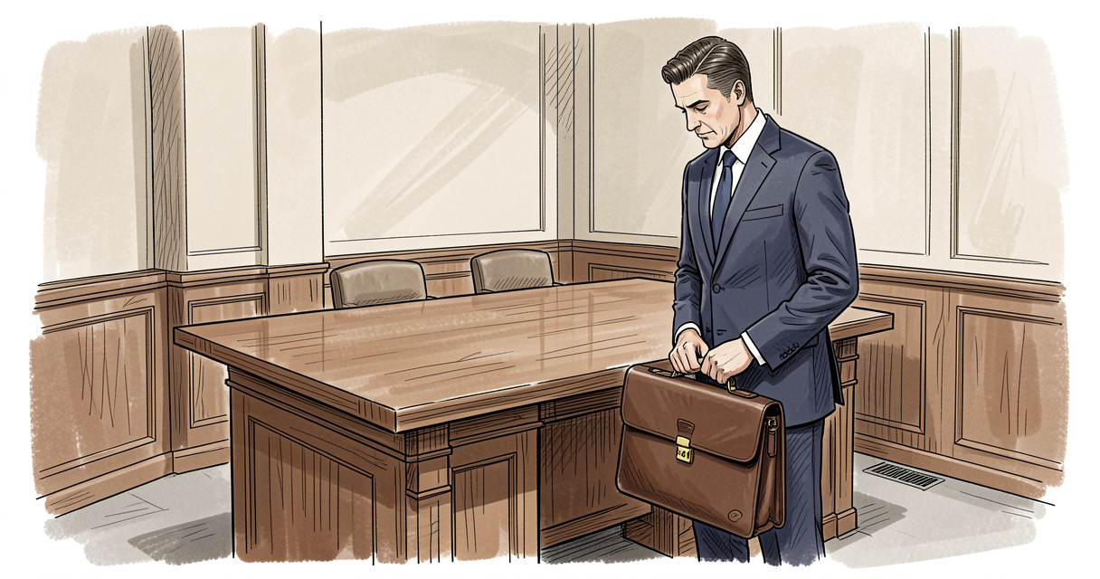 Arbitration attorney prepares case notes near empty hearing room table