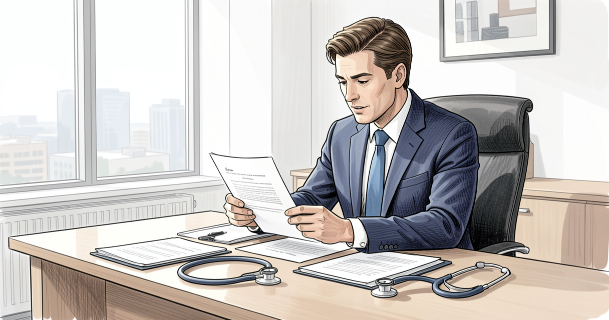 Health insurance attorney reviewing a claim denial letter in a law office