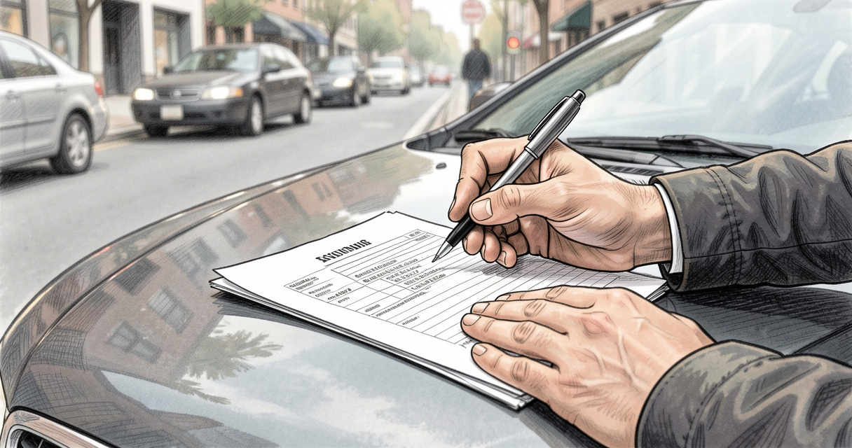 Driver filling constat amiable PDF with ballpoint pen after minor car accident