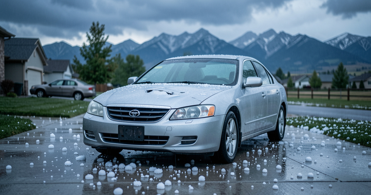Colorado car insurance cost comparison shown with hail-damaged sedan