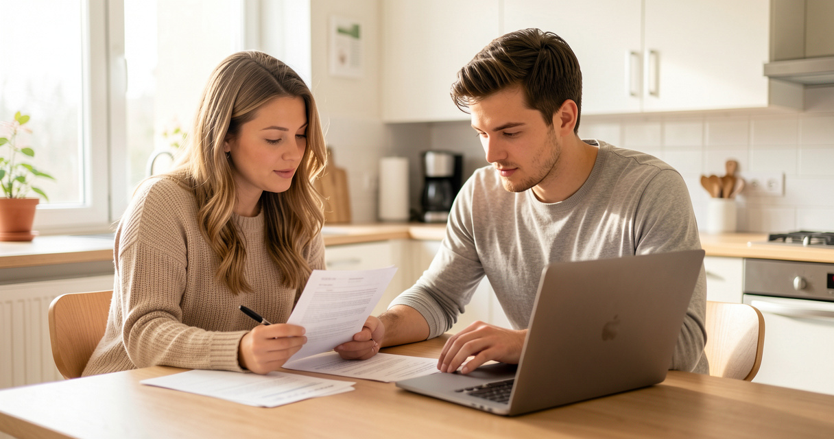 Young couple comparing renters insurance quotes on a laptop at home
