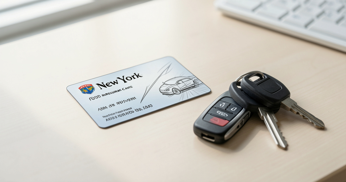 Close-up of NY insurance codes on a plain auto insurance card and keys